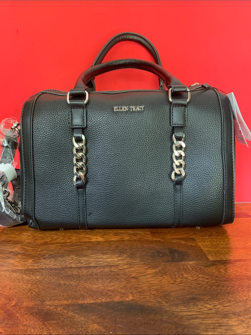 Ellen Tracy Black Madison Pebbled Grain Crossbody with Silver Chain Accents